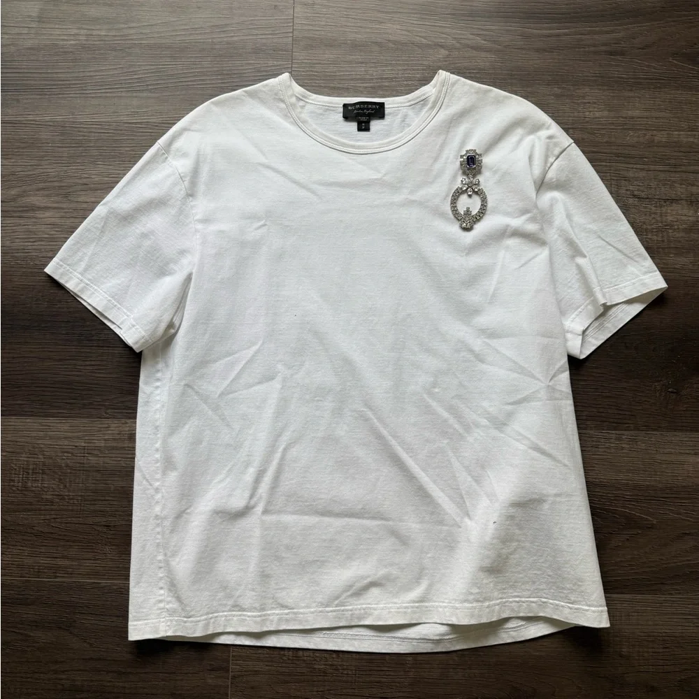 Burberry White Short Sleeve Embellished Crewneck Tee - Picture 1 of 5